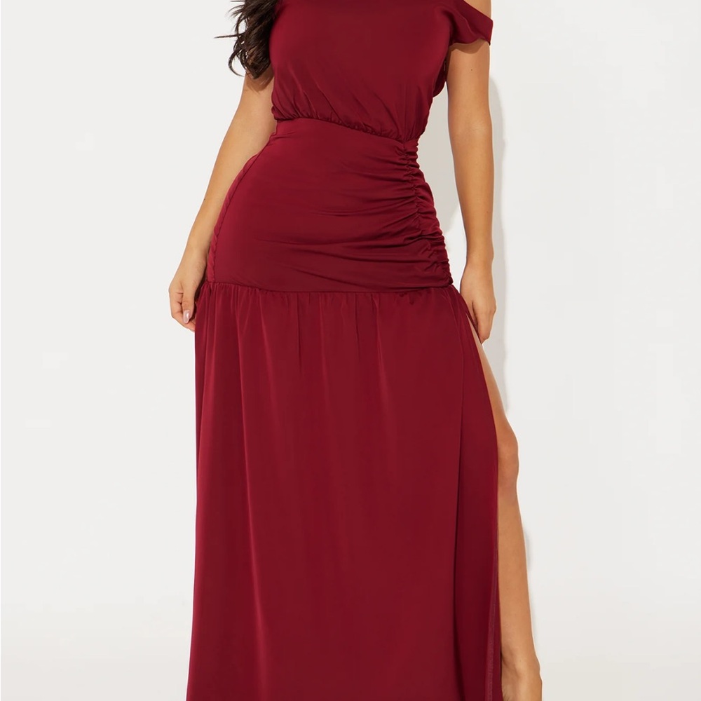 Off-Shoulder Burgundy Dress / Drop Waist Maxi Dress - Wine